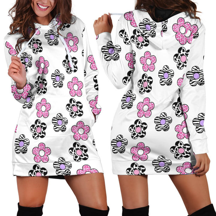 Black White And Pink Flower Y2K Pattern In White Hoodie Dress 3D