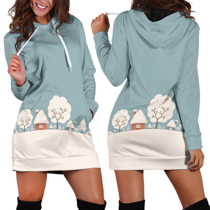 House And Tree Snow Blue Printed Hoodie Dress 3D