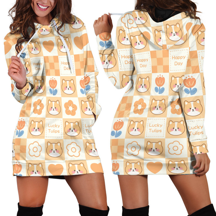 Lucky Tulips And Bears Pattern In Yellow And White Hoodie Dress 3D