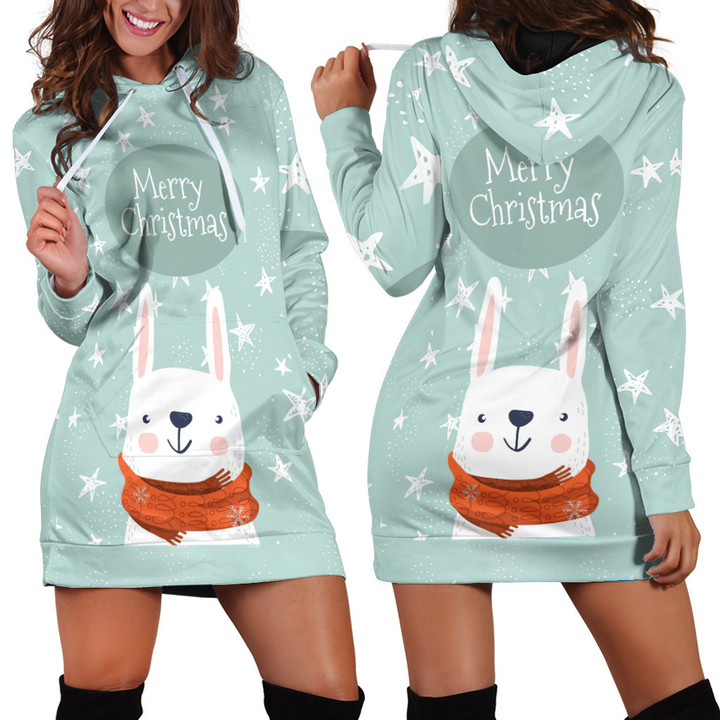 Cute Rabbit With Star Patterns Merry Christmas In Mint Hoodie Dress 3D