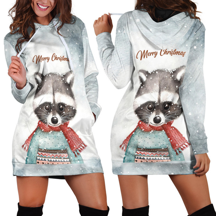 Cute Raccoon In Snow Merry Christmas In White Hoodie Dress 3D