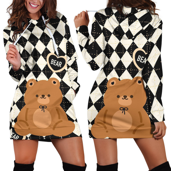 Teddy Bear With Rhombus Pattern Hoodie Dress 3D