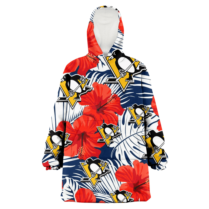 Pittsburgh Penguins White Tropical Leaf Red Hibiscus Navy Background 3D Printed Snug Hoodie