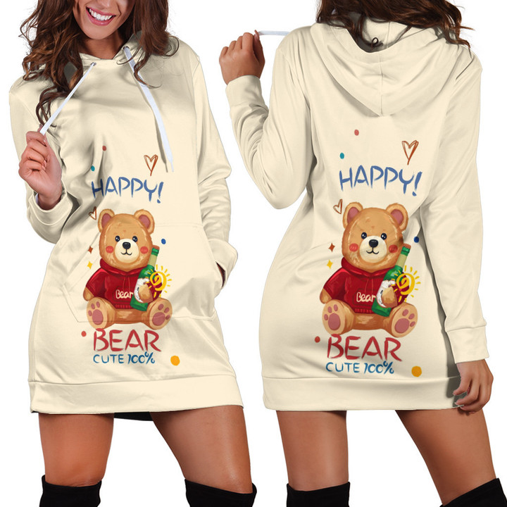 Happy Cute Teddy Bear With Beer In Light Yellow Hoodie Dress 3D