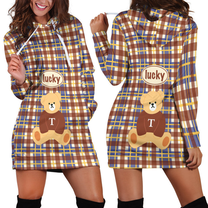 Lucky Teddy Bear Art In Blue Yellow And Brown Checkered Pattern Hoodie Dress 3D