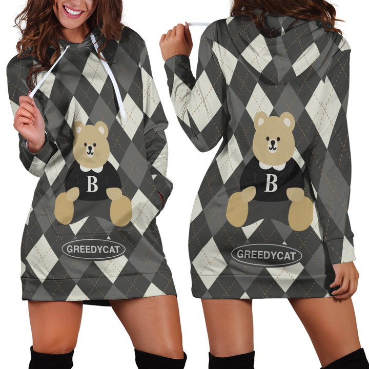 Greedycat Teddy Bear Art In Black And Gray Rhombus Pattern Hoodie Dress 3D