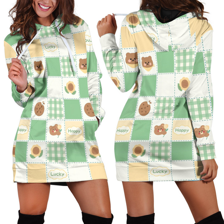 Lucky Happy And Cute Icon Pattern In Green And White Hoodie Dress 3D