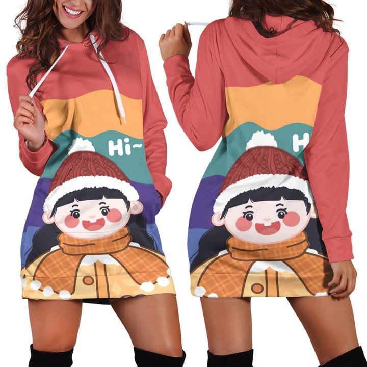Winter Black Hair Girl Saying Hi In Rainbow Color Hoodie Dress 3D