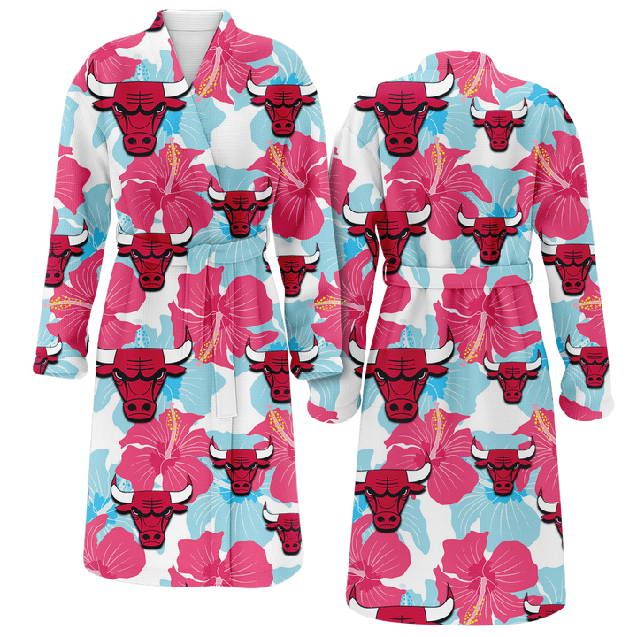 Chicago Bulls Pink Blue Hibiscus White Background Fleece Bathrobe