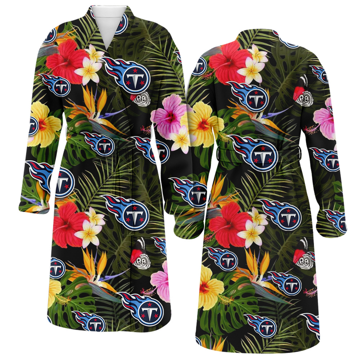 Tennessee Titans Colorful Hibiscus Green Leaf Back Background Fleece Bathrobe
