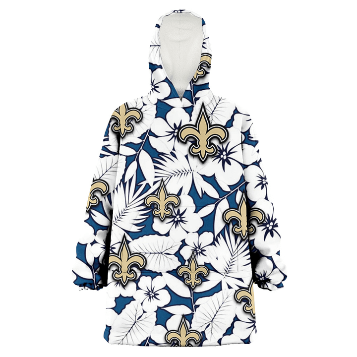 New Orleans Saints White Hibiscus And Leaves Blue Background 3D Printed Snug Hoodie