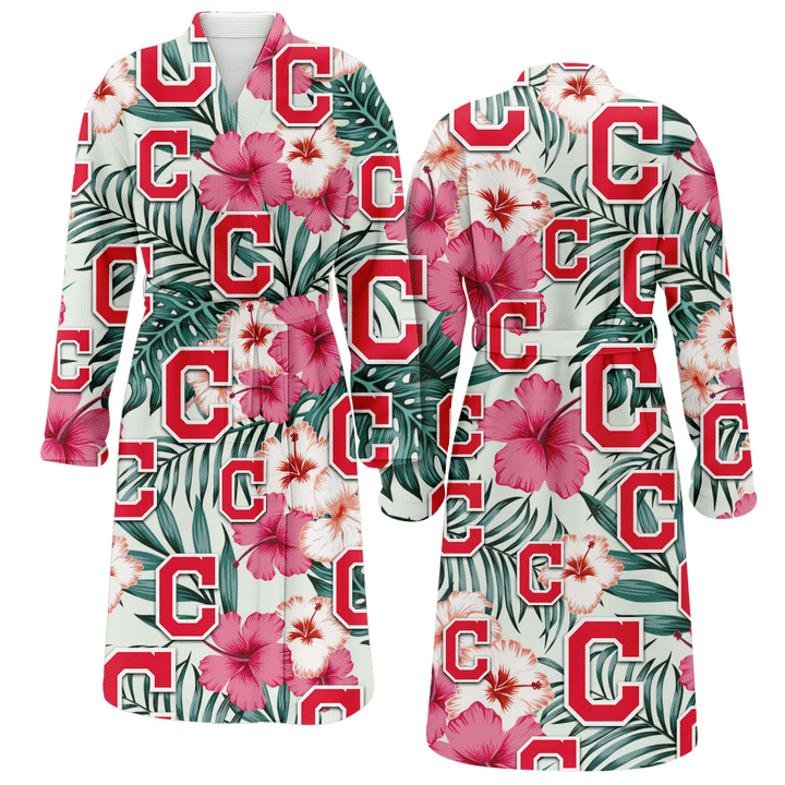 Cleveland Indians Coral Pink Hibiscus Green Leaf Beige Background Fleece Bathrobe