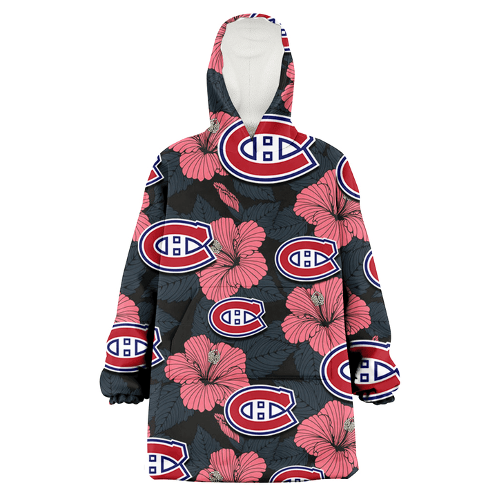 Montreal Canadiens Light Coral Hibiscus Gray Leaf Black Background 3D Printed Snug Hoodie