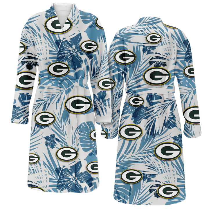 Green Bay Packers Hibiscus Balm Leaves Blue And White Background Fleece Bathrobe