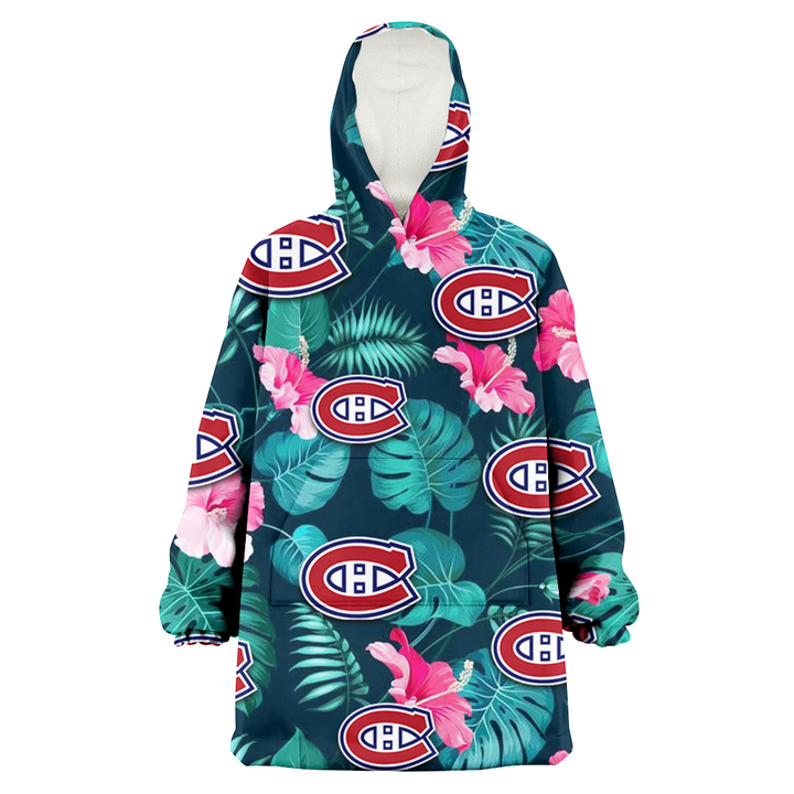 Montreal Canadiens Pink Hibiscus Green Leaves Dark Background 3D Printed Snug Hoodie