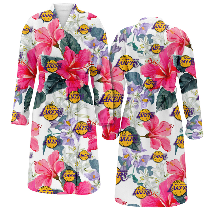 Los Angeles Lakers Pink Hibiscus White Orchid White Background Fleece Bathrobe