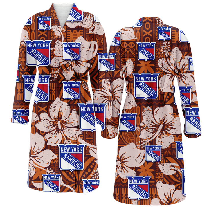 New York Rangers Bisque Hibiscus Brown Pattern Fleece Bathrobe