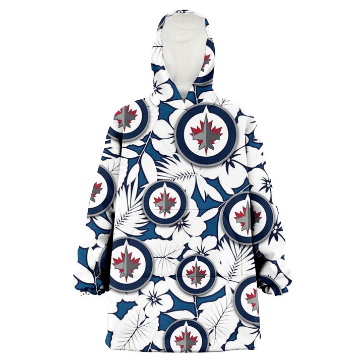 Winnipeg Jets White Hibiscus And Leaves Blue Background 3D Printed Snug Hoodie