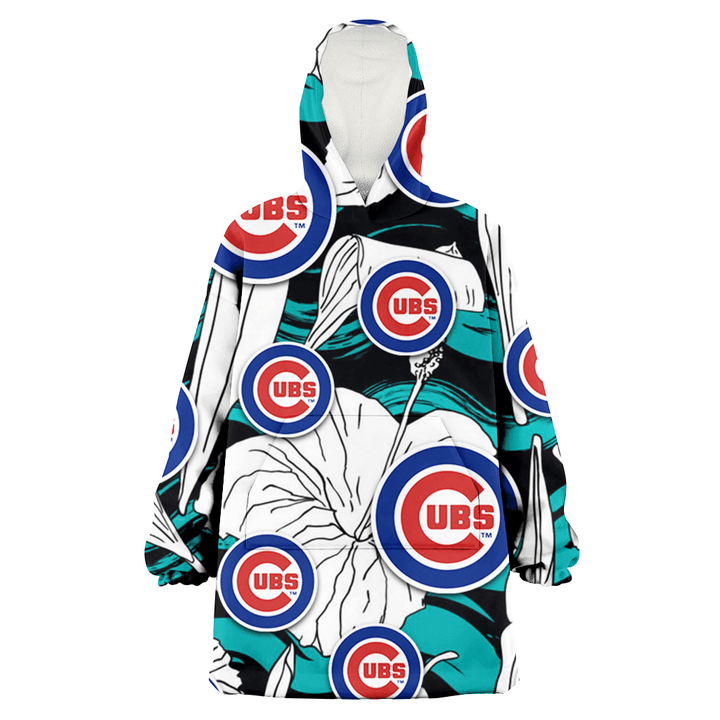 Chicago Cubs White Hibiscus Turquoise Wave Black Background 3D Printed Snug Hoodie