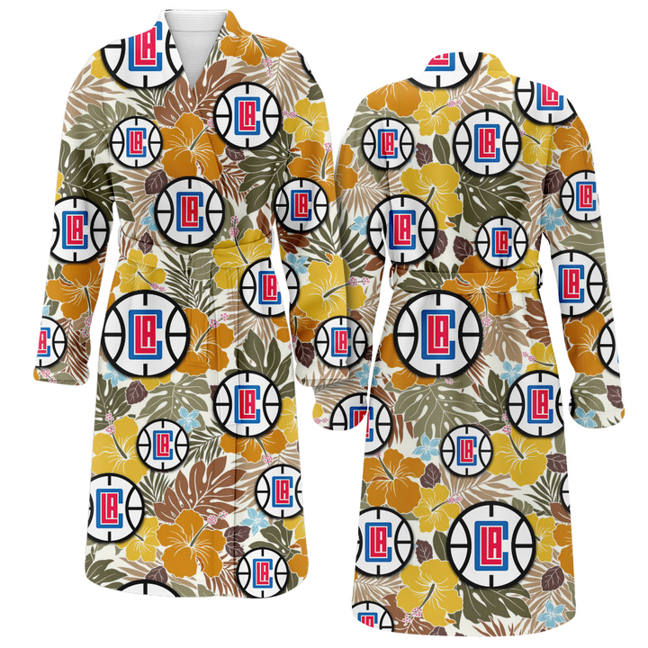 Los Angeles Clippers Brown Yellow Hibiscus White Background Fleece Bathrobe
