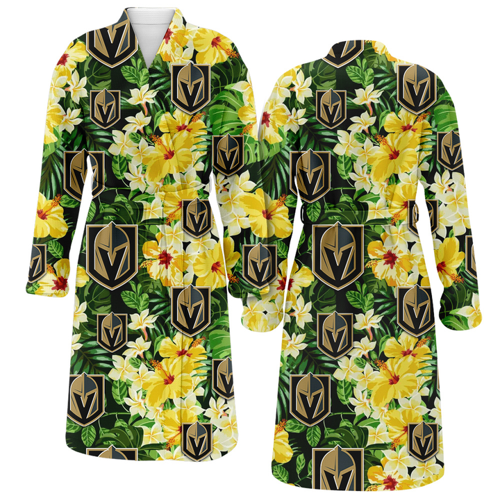 Vegas Golden Knights Yellow Hibiscus Tropical Green Leaf Black Background Fleece Bathrobe