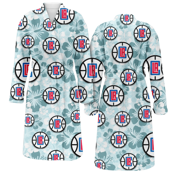 Los Angeles Clippers Pale Turquoise Hibiscus Light Cyan Background Fleece Bathrobe