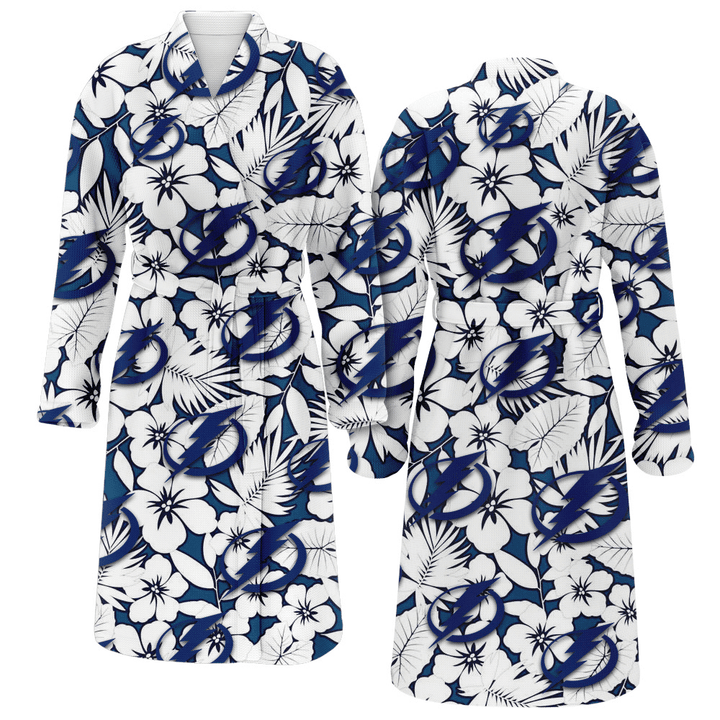 Tampa Bay Lightning White Hibiscus And Leaves Blue Background Fleece Bathrobe