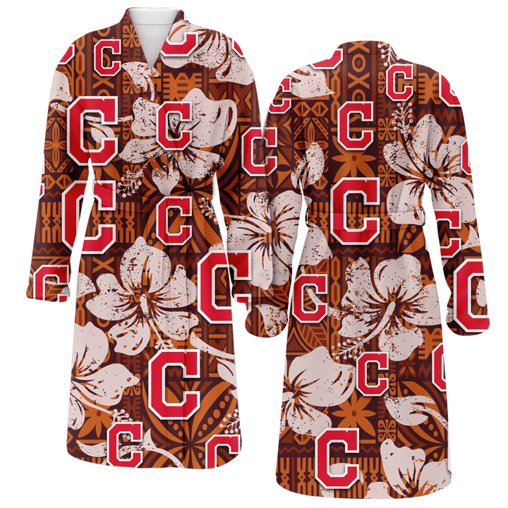 Cleveland Indians Bisque Hibiscus Brown Pattern Fleece Bathrobe