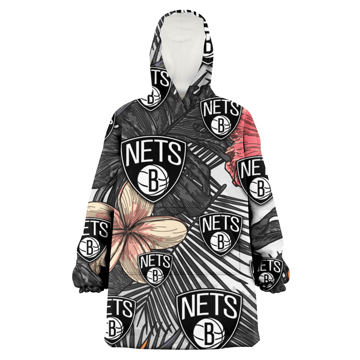Brooklyn Nets Pink Sketch Hibiscus Gray Palm Leaf White Background 3D Printed Snug Hoodie