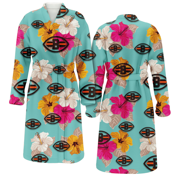Cleveland Browns Pink Yellow White Hibiscus Turquoise Background Fleece Bathrobe