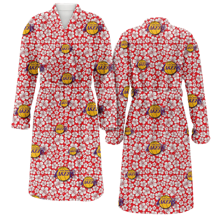 Los Angeles Lakers Tiny White Hibiscus Pattern Red Background Fleece Bathrobe