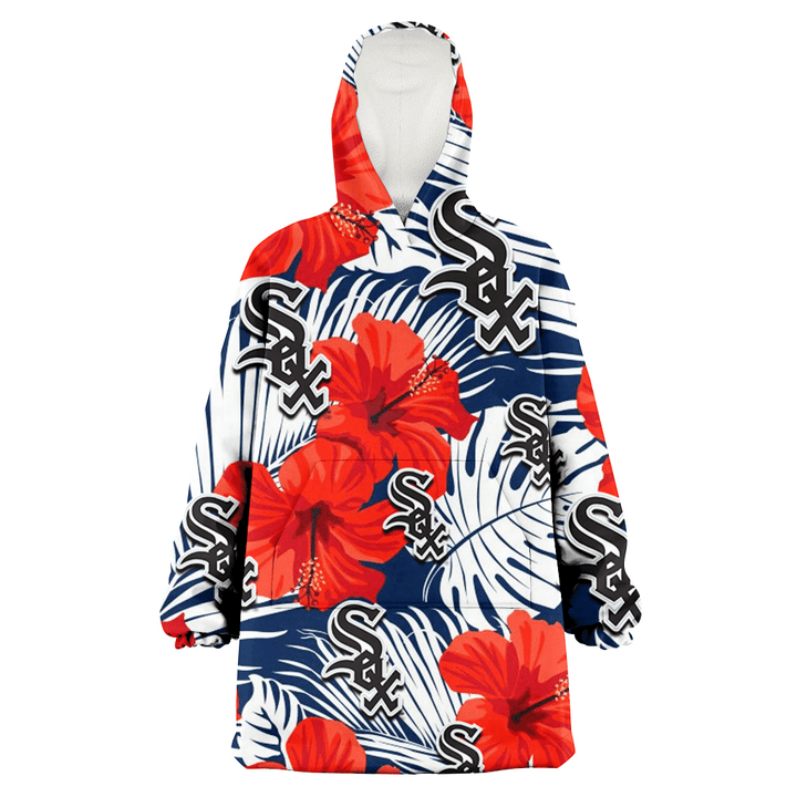 Chicago White Sox White Tropical Leaf Red Hibiscus Navy Background 3D Printed Snug Hoodie