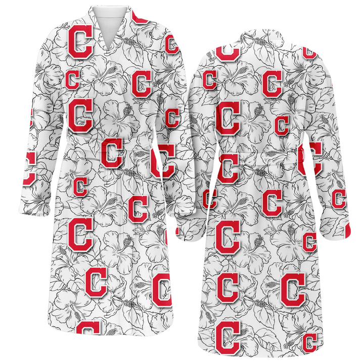 Cleveland Indians White Sketch Hibiscus Pattern White Background Fleece Bathrobe