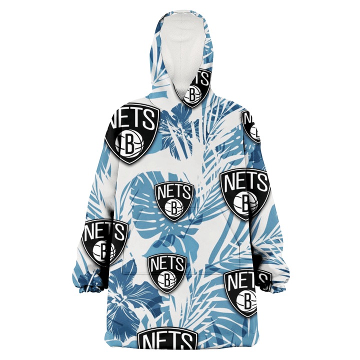 Brooklyn Nets Hibiscus Balm Leaves Blue And White Background 3D Printed Snug Hoodie