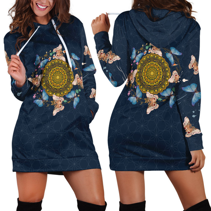 Butterfly And Paisley Pattern In Navy Blue Hoodie Dress 3D