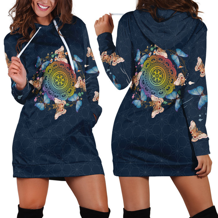 Butterfly And Rainbow Floral Pattern In Navy Blue Hoodie Dress 3D