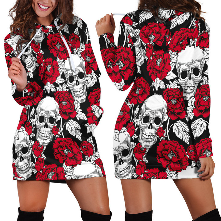 Red Flowers And Skulls Pattern In Red And White Hoodie Dress 3D