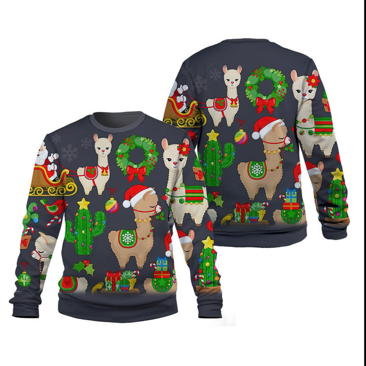 Llama And Cute Christmas Pattern In Dark Gray Sweatshirt