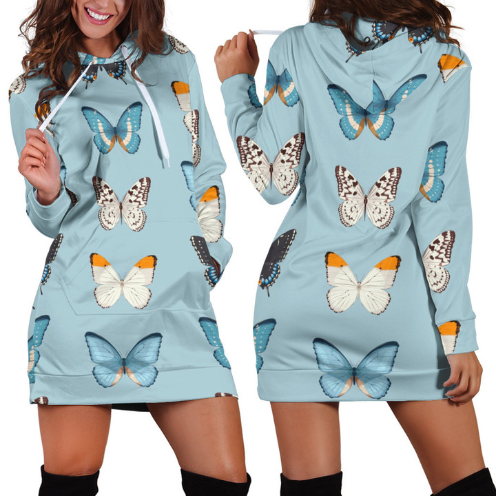 Colorful Butterfly Patterns In Blue Hoodie Dress 3D
