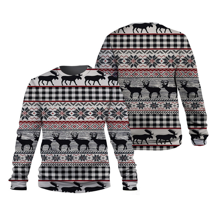 Moose And Deer Christmas Caro Pattern Black 3D Sweatshirt