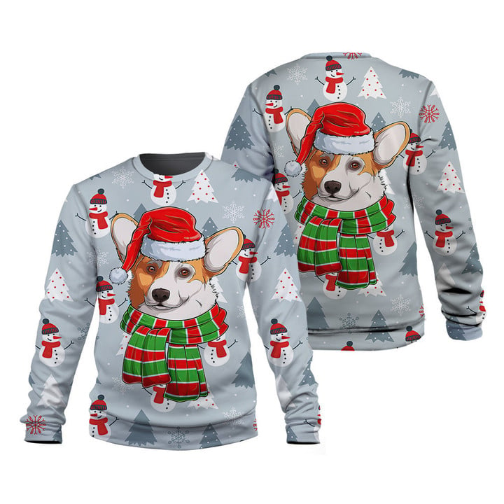 Corgi Dog Red Knitted Winter Pine Tree Snowman Christmas Pattern 3D Sweatshirt