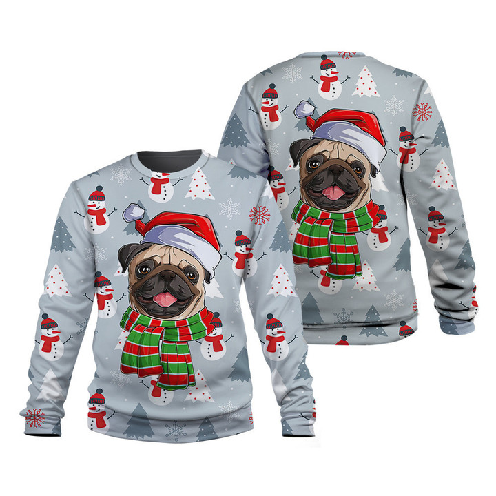 French Bulldog Red Knitted Winter Pine Tree Snowman Christmas Pattern 3D Sweatshirt