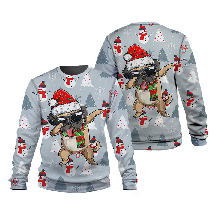 French Bulldog Dab Red Knitted Winter Pine Tree Snowman Christmas Pattern 3D Sweatshirt