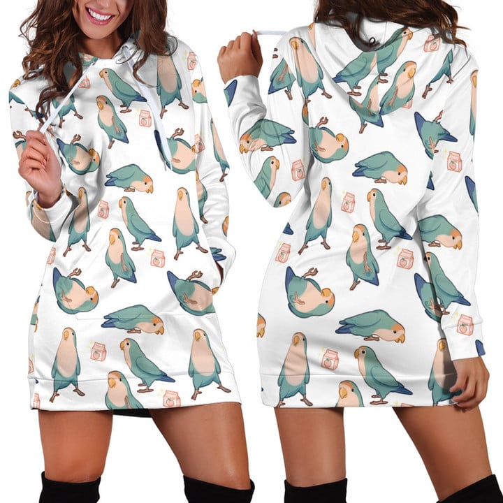 Seamless Green Parrots Patterns In White Hoodie Dress 3D