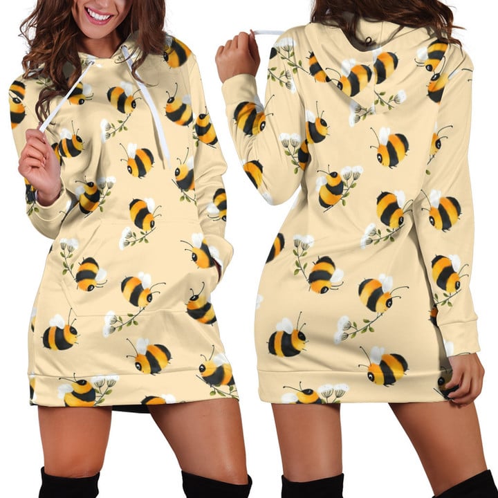 Seamless Cute Bee And Flowers Cartoon Patterns In Yellow Hoodie Dress 3D