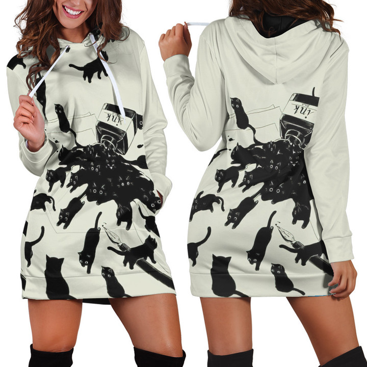 Cat Ink Funny Cartoon Illustration In Creamy White Hoodie Dress 3D
