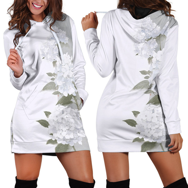 White Hydrangea Flowers Green Vertical Stripe Illustration In White Hoodie Dress 3D