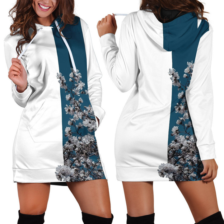 White Flowers With Blue Vertical Stripe In White Hoodie Dress 3D