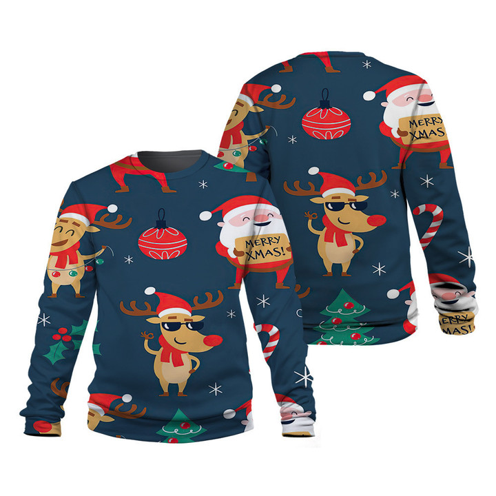 Santa Clause Deer Merry Christmas Pattern Blue 3D Sweatshirt