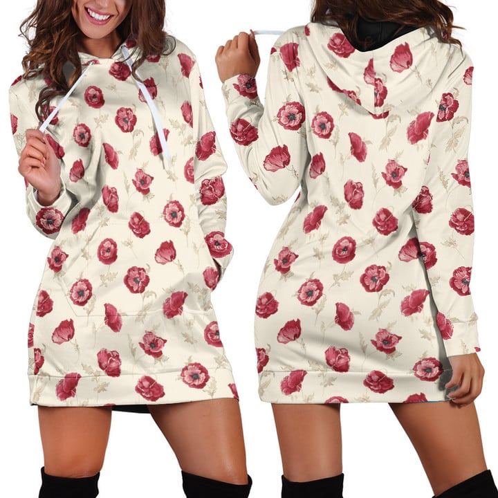 Seamless Red Rose Flowers In Light Yellow Hoodie Dress 3D